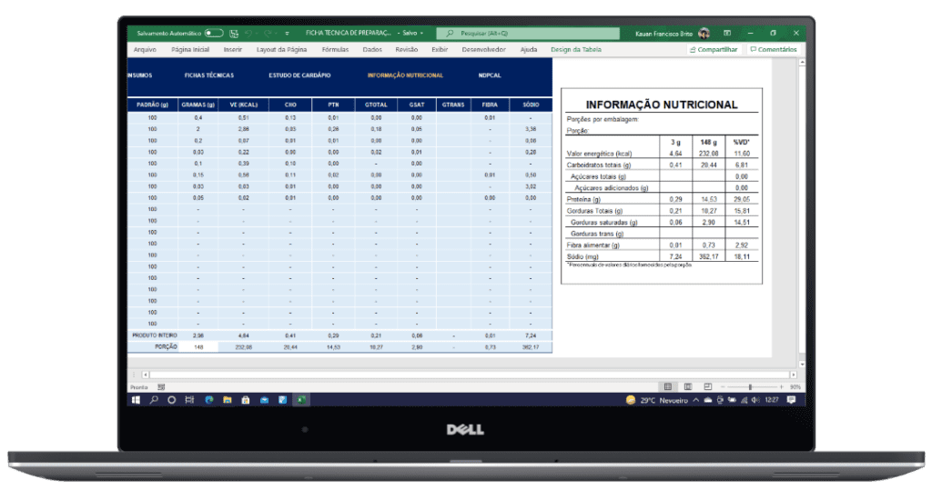 Layout da planilha de informação nutricional + ndpcal em planilha do Microsoft Excel (.xlsx)